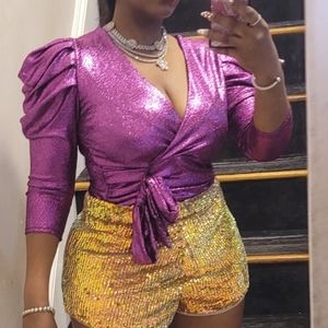 belt puff sleeve Purple glitter bodysuit size xl